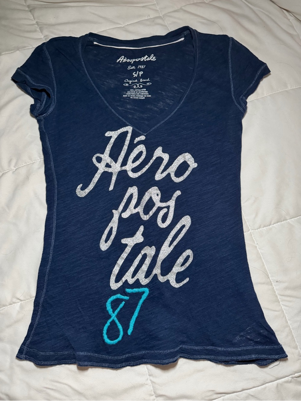 Aeropostale Navy V-Neck Short Sleeve Tee with Teal 87